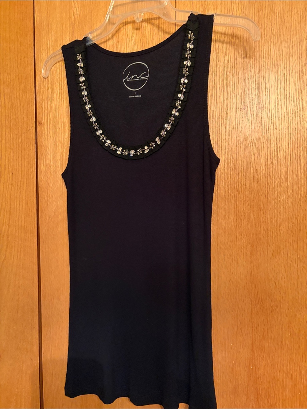 INC International Concept Large black ribbed tank top bead rhinestone bling trim